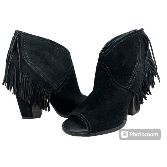 Gianni Bini Suede Leather Booties Open Toe 9.5 Black Fringe Western Cowgirl Boho - Picture 1 of 10